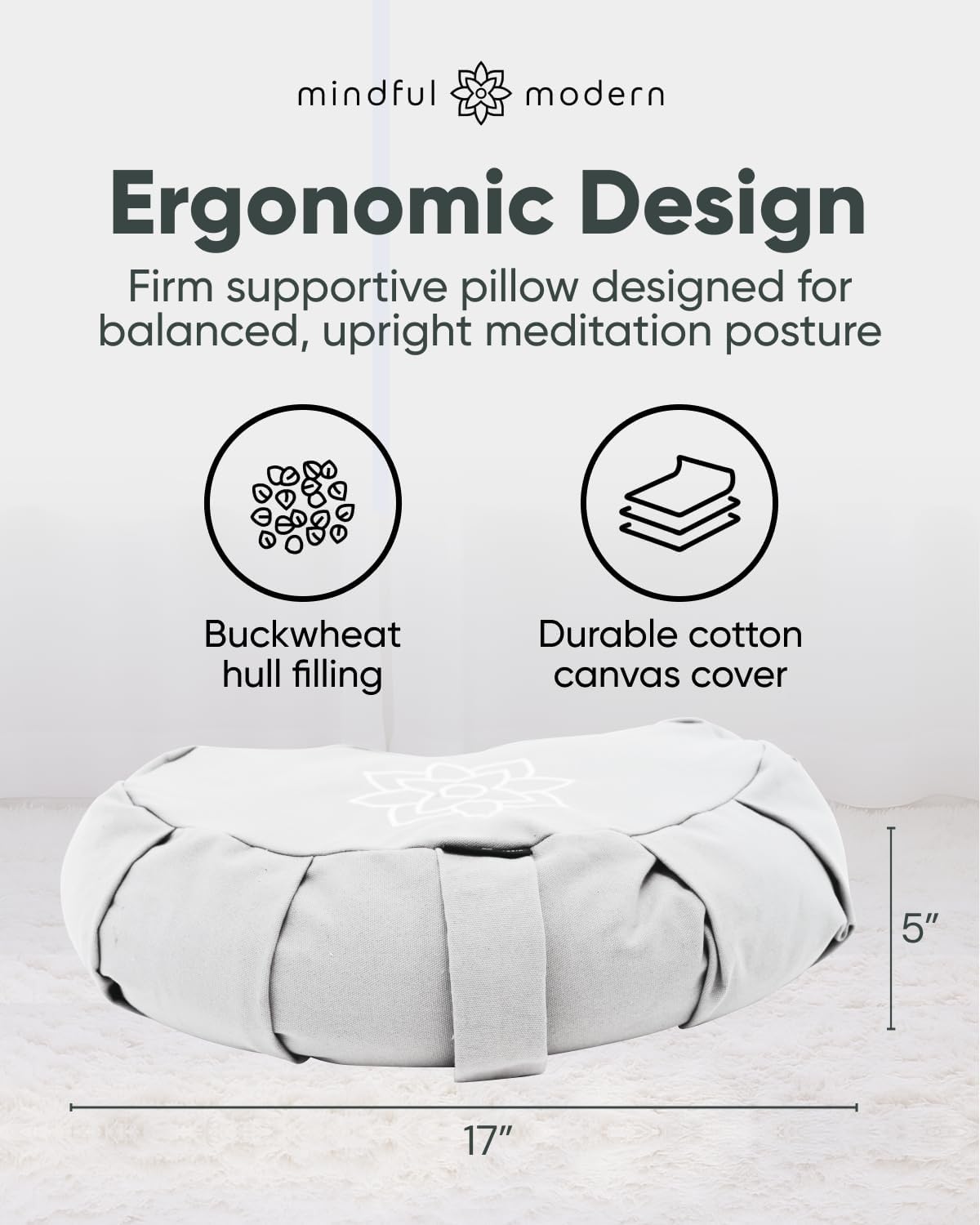Large Meditation Cushion | Zafu Yoga Bolster Meditation Floor Pillow Seat | Buckwheat Hull Filled Crescent Shaped Cushion with Removable Washable Cover + Carry Handle | White