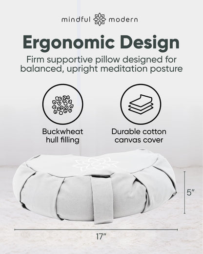 Large Meditation Cushion | Zafu Yoga Bolster Meditation Floor Pillow Seat | Buckwheat Hull Filled Crescent Shaped Cushion with Removable Washable Cover + Carry Handle | White