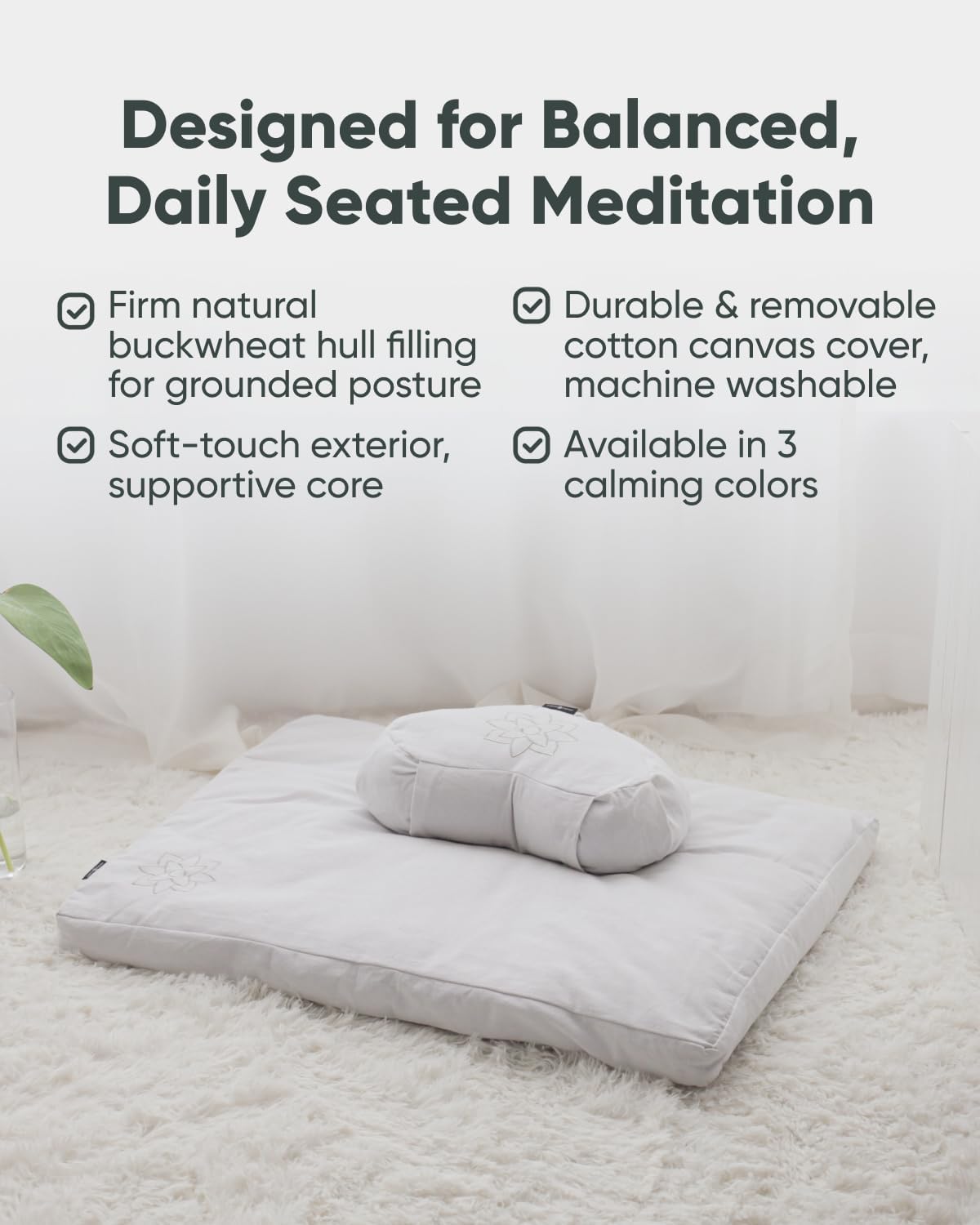 Large Meditation Cushion | Zafu Yoga Bolster Meditation Floor Pillow Seat | Buckwheat Hull Filled Crescent Shaped Cushion with Removable Washable Cover + Carry Handle | White