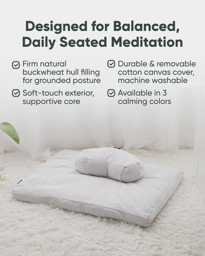 Large Meditation Cushion | Zafu Yoga Bolster Meditation Floor Pillow Seat | Buckwheat Hull Filled Crescent Shaped Cushion with Removable Washable Cover + Carry Handle | White
