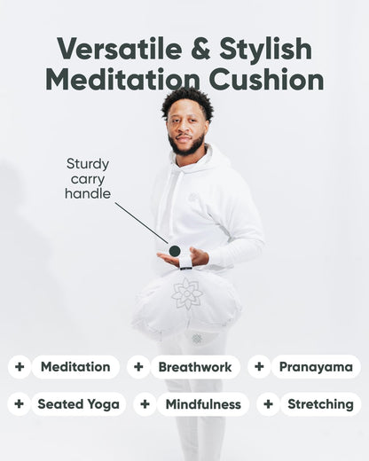 Large Meditation Cushion | Zafu Yoga Bolster Meditation Floor Pillow Seat | Buckwheat Hull Filled Crescent Shaped Cushion with Removable Washable Cover + Carry Handle | White
