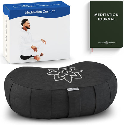 Large Meditation Cushion | Zafu Yoga Bolster Meditation Floor Pillow Seat | Buckwheat Hull Filled Crescent Shaped Cushion with Removable Washable Cover + Carry Handle | White