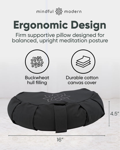 Large Meditation Cushion | Zafu Yoga Bolster Meditation Floor Pillow Seat | Buckwheat Hull Filled Crescent Shaped Cushion with Removable Washable Cover + Carry Handle | White