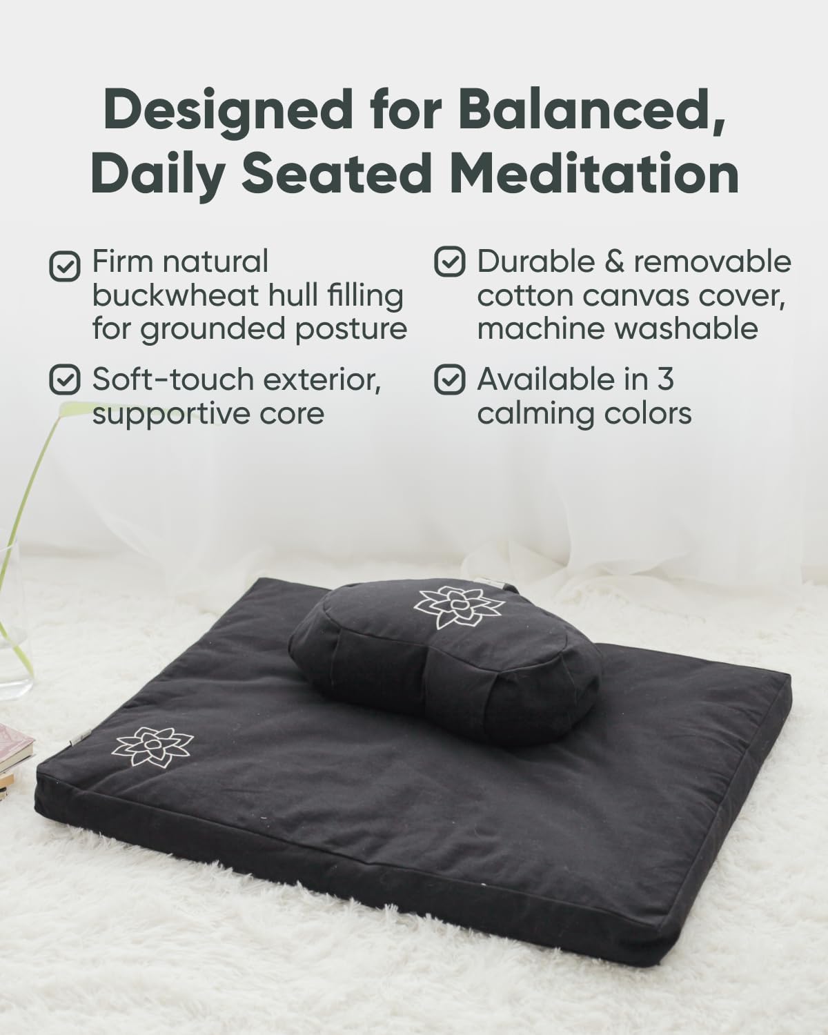 Large Meditation Cushion | Zafu Yoga Bolster Meditation Floor Pillow Seat | Buckwheat Hull Filled Crescent Shaped Cushion with Removable Washable Cover + Carry Handle | White