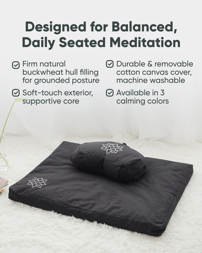 Large Meditation Cushion | Zafu Yoga Bolster Meditation Floor Pillow Seat | Buckwheat Hull Filled Crescent Shaped Cushion with Removable Washable Cover + Carry Handle | White