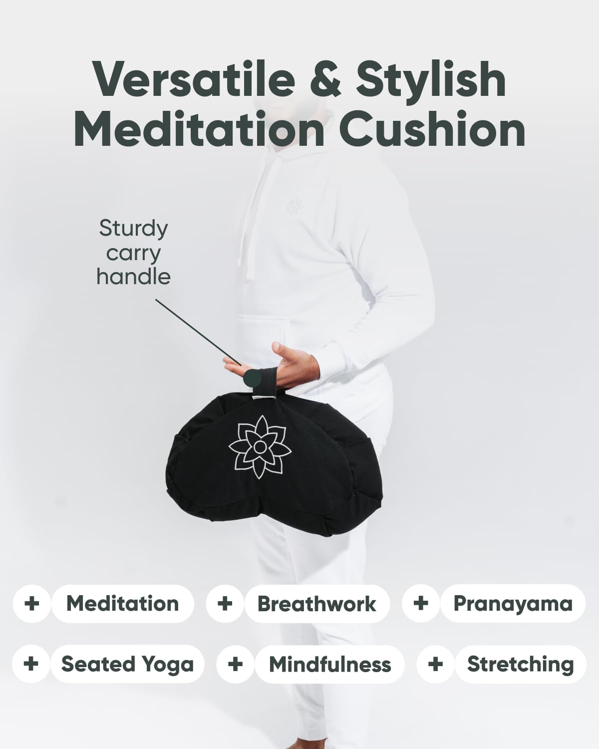 Large Meditation Cushion | Zafu Yoga Bolster Meditation Floor Pillow Seat | Buckwheat Hull Filled Crescent Shaped Cushion with Removable Washable Cover + Carry Handle | White