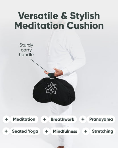 Large Meditation Cushion | Zafu Yoga Bolster Meditation Floor Pillow Seat | Buckwheat Hull Filled Crescent Shaped Cushion with Removable Washable Cover + Carry Handle | White