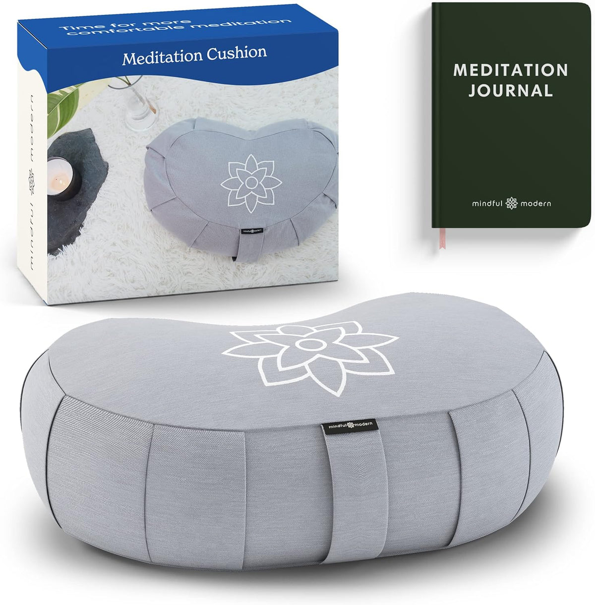 Large Meditation Cushion | Zafu Yoga Bolster Meditation Floor Pillow Seat | Buckwheat Hull Filled Crescent Shaped Cushion with Removable Washable Cover + Carry Handle | White