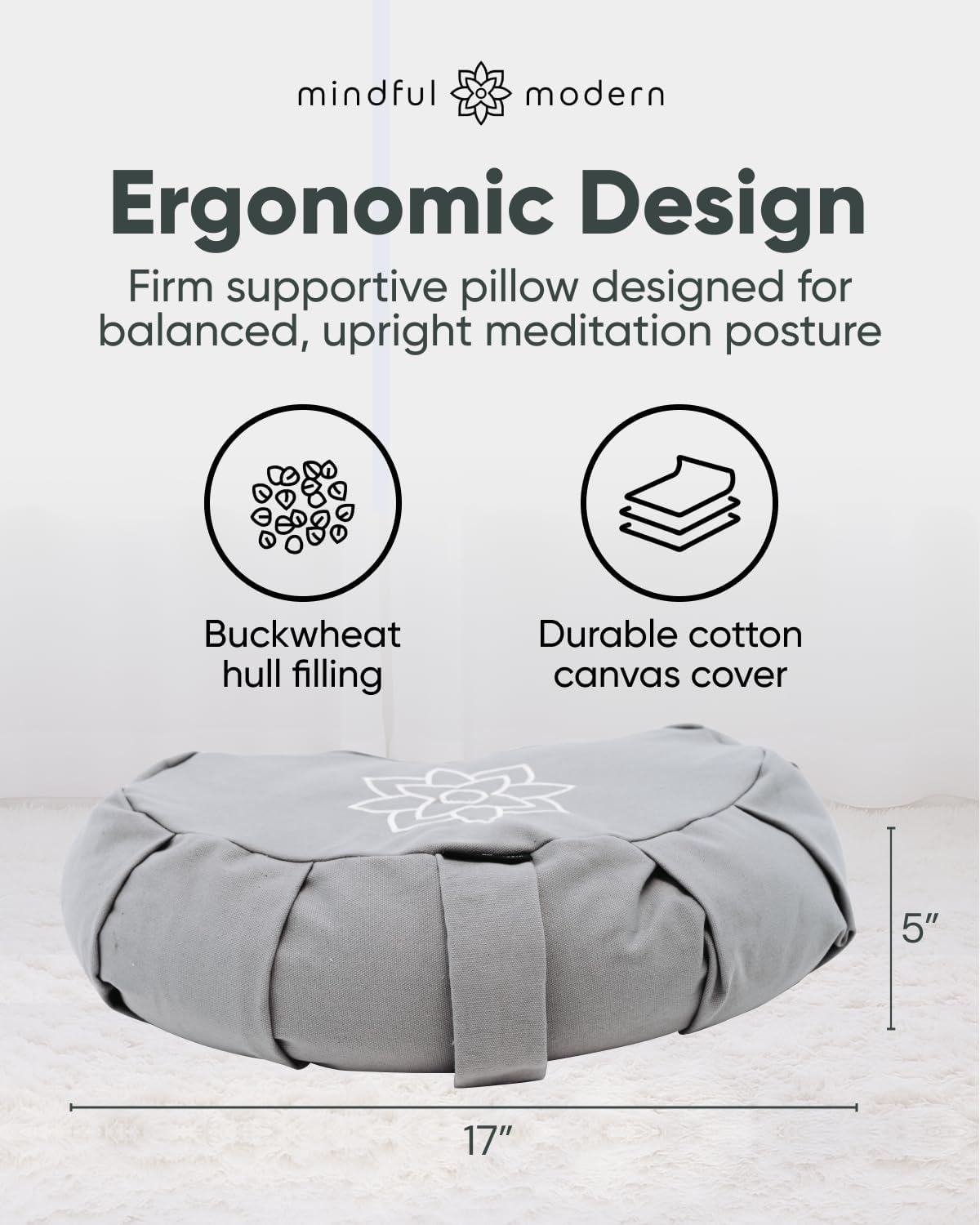 Large Meditation Cushion | Zafu Yoga Bolster Meditation Floor Pillow Seat | Buckwheat Hull Filled Crescent Shaped Cushion with Removable Washable Cover + Carry Handle | White
