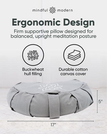 Large Meditation Cushion | Zafu Yoga Bolster Meditation Floor Pillow Seat | Buckwheat Hull Filled Crescent Shaped Cushion with Removable Washable Cover + Carry Handle | White