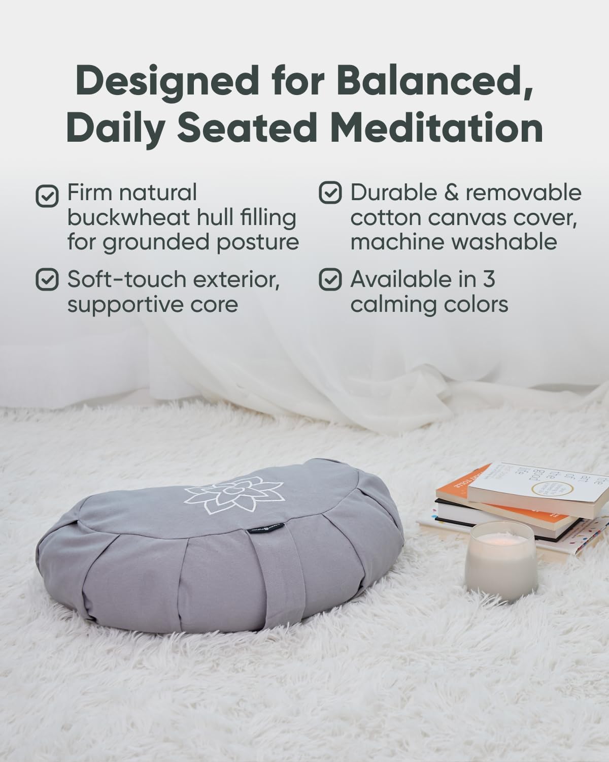 Large Meditation Cushion | Zafu Yoga Bolster Meditation Floor Pillow Seat | Buckwheat Hull Filled Crescent Shaped Cushion with Removable Washable Cover + Carry Handle | White