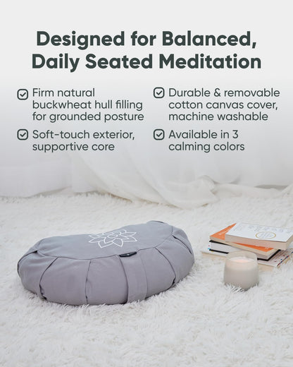 Large Meditation Cushion | Zafu Yoga Bolster Meditation Floor Pillow Seat | Buckwheat Hull Filled Crescent Shaped Cushion with Removable Washable Cover + Carry Handle | White