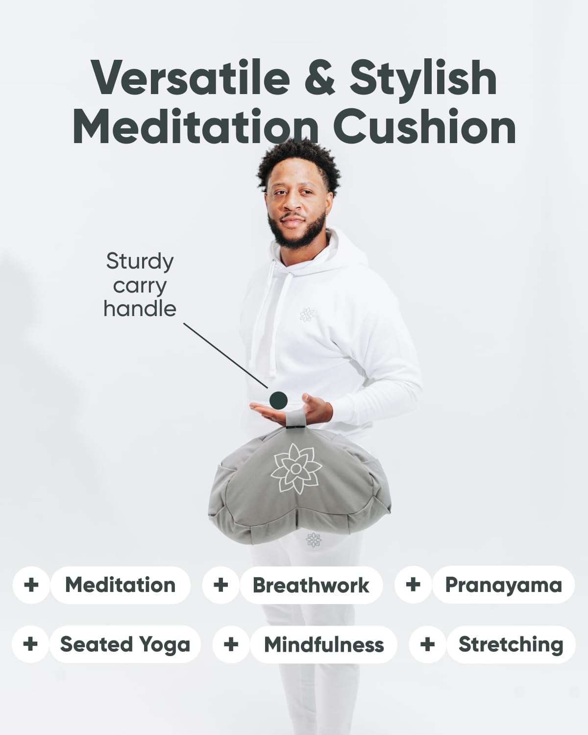 Large Meditation Cushion | Zafu Yoga Bolster Meditation Floor Pillow Seat | Buckwheat Hull Filled Crescent Shaped Cushion with Removable Washable Cover + Carry Handle | White