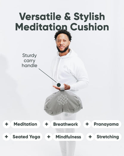 Large Meditation Cushion | Zafu Yoga Bolster Meditation Floor Pillow Seat | Buckwheat Hull Filled Crescent Shaped Cushion with Removable Washable Cover + Carry Handle | White