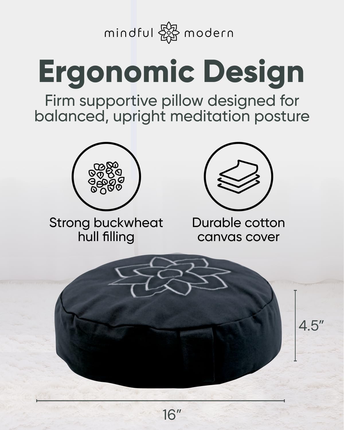 Large Meditation Cushion | Zafu Yoga Bolster Meditation Floor Pillow Seat | Buckwheat Hull Filled Crescent Shaped Cushion with Removable Washable Cover + Carry Handle | White