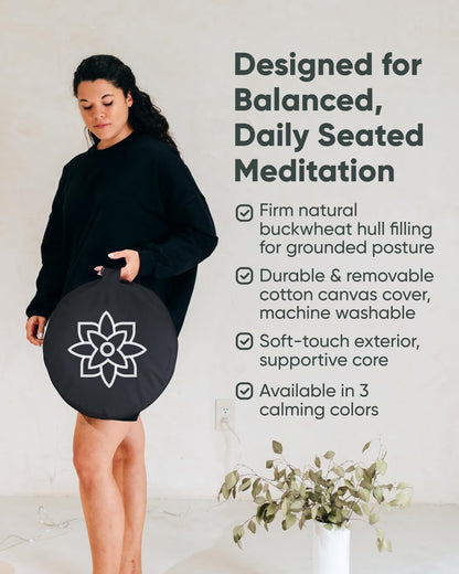 Large Meditation Cushion | Zafu Yoga Bolster Meditation Floor Pillow Seat | Buckwheat Hull Filled Crescent Shaped Cushion with Removable Washable Cover + Carry Handle | White