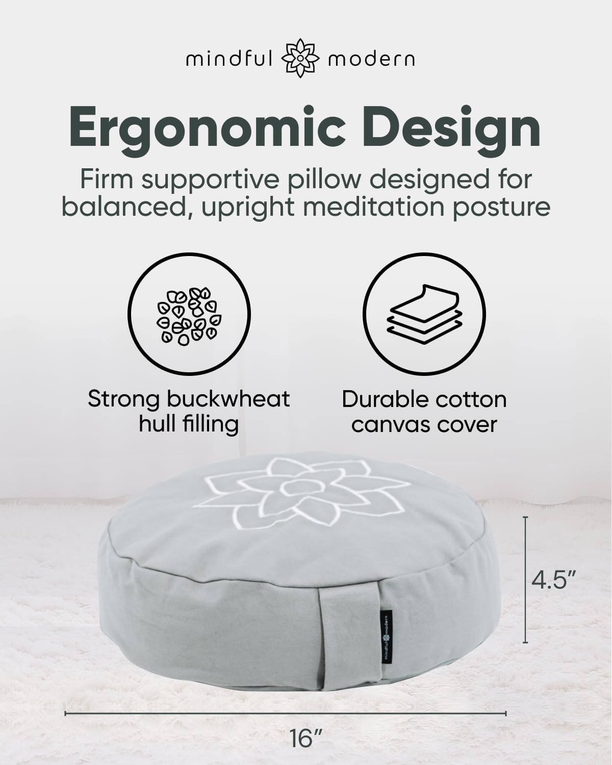 Large Meditation Cushion | Zafu Yoga Bolster Meditation Floor Pillow Seat | Buckwheat Hull Filled Crescent Shaped Cushion with Removable Washable Cover + Carry Handle | White