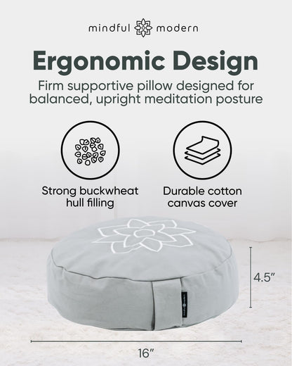 Large Meditation Cushion | Zafu Yoga Bolster Meditation Floor Pillow Seat | Buckwheat Hull Filled Crescent Shaped Cushion with Removable Washable Cover + Carry Handle | White