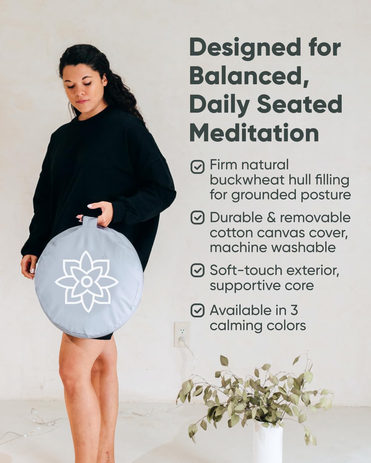 Large Meditation Cushion | Zafu Yoga Bolster Meditation Floor Pillow Seat | Buckwheat Hull Filled Crescent Shaped Cushion with Removable Washable Cover + Carry Handle | White
