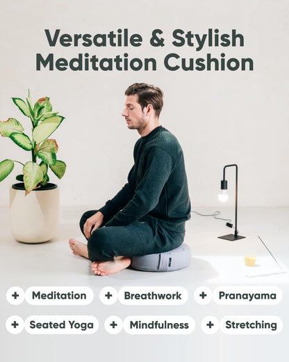 Large Meditation Cushion | Zafu Yoga Bolster Meditation Floor Pillow Seat | Buckwheat Hull Filled Crescent Shaped Cushion with Removable Washable Cover + Carry Handle | White