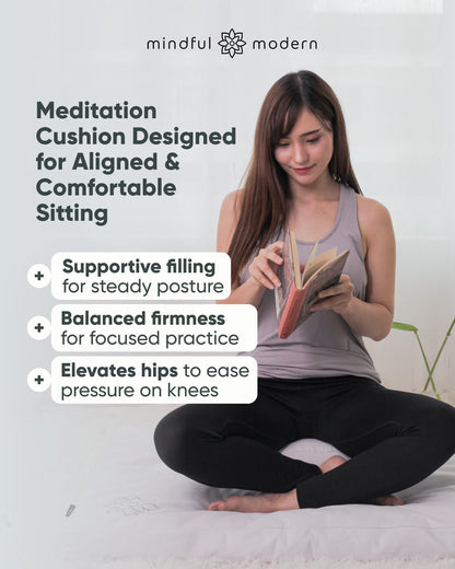 Large Meditation Cushion | Zafu Yoga Bolster Meditation Floor Pillow Seat | Buckwheat Hull Filled Crescent Shaped Cushion with Removable Washable Cover + Carry Handle | White