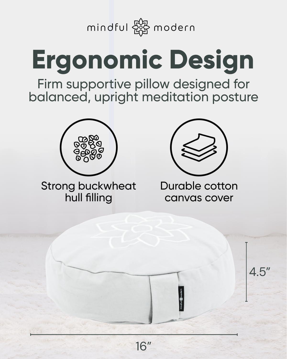 Large Meditation Cushion | Zafu Yoga Bolster Meditation Floor Pillow Seat | Buckwheat Hull Filled Crescent Shaped Cushion with Removable Washable Cover + Carry Handle | White