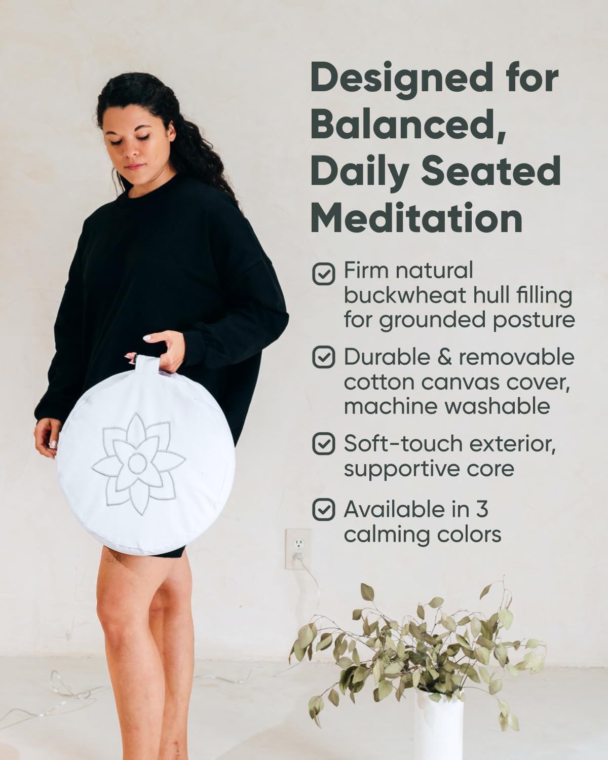 Large Meditation Cushion | Zafu Yoga Bolster Meditation Floor Pillow Seat | Buckwheat Hull Filled Crescent Shaped Cushion with Removable Washable Cover + Carry Handle | White