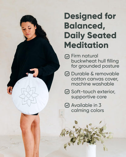 Large Meditation Cushion | Zafu Yoga Bolster Meditation Floor Pillow Seat | Buckwheat Hull Filled Crescent Shaped Cushion with Removable Washable Cover + Carry Handle | White