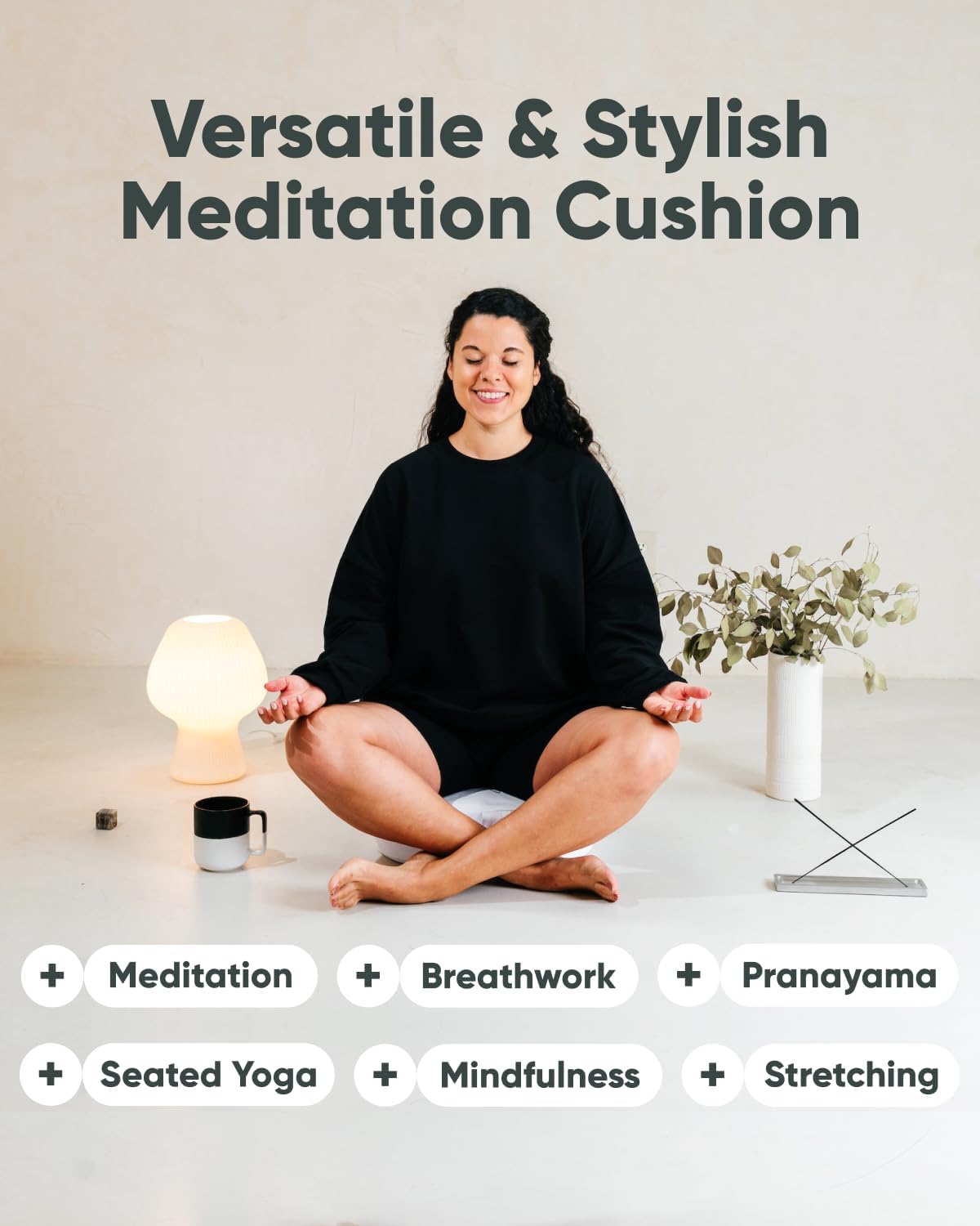 Large Meditation Cushion | Zafu Yoga Bolster Meditation Floor Pillow Seat | Buckwheat Hull Filled Crescent Shaped Cushion with Removable Washable Cover + Carry Handle | White