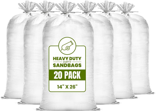 (Not Made in China) 20 Pack, Heavy Duty Sand Bags for Flooding, Empty Sandbags with Tie Strings, UV Protection 1600 Hours, Flood Control,14in x 26in, Sandbag for Weight, 50lb Capacity, White