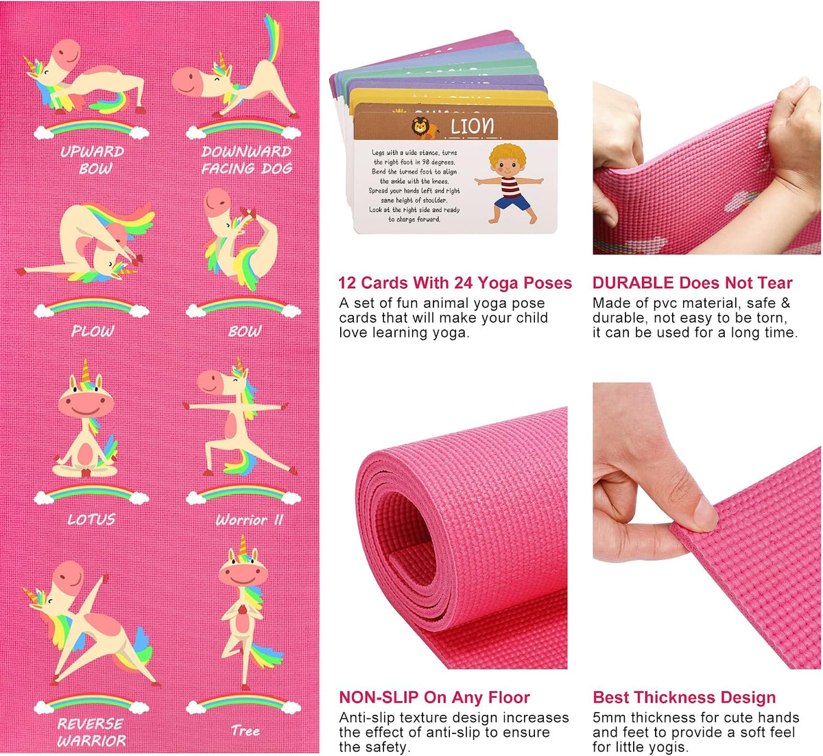 Kids Yoga Mat Set - Non-slip Exercise Mats with Fun Prints - 12 Yoga Cards - Carrier Bag - Odor Free Non-Toxic, Cute Yoga Mat for Girls & Boys (60 X 24 X 0.2 Inch)