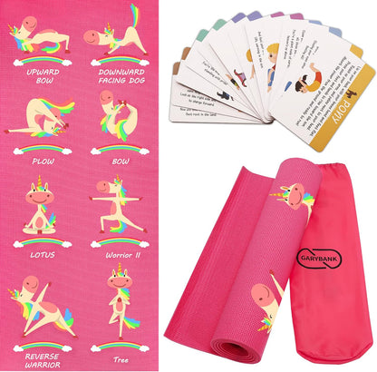 Kids Yoga Mat Set - Non-slip Exercise Mats with Fun Prints - 12 Yoga Cards - Carrier Bag - Odor Free Non-Toxic, Cute Yoga Mat for Girls & Boys (60 X 24 X 0.2 Inch)