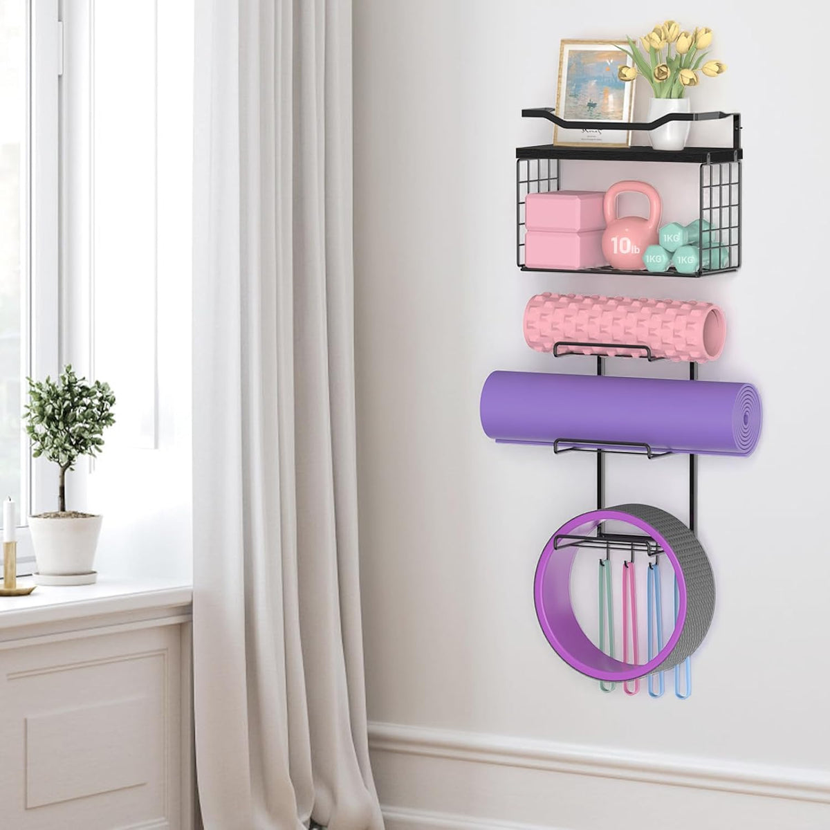 Yoga Mat Holder Black, Wall Mount Yoga Mat Storage Rack, Yoga Accessory Organizer With Wood Floating Shelves, 4 Hooks Hanging Yoga Strap & Resistance Bands, Home Gym Equipment Storage Decor