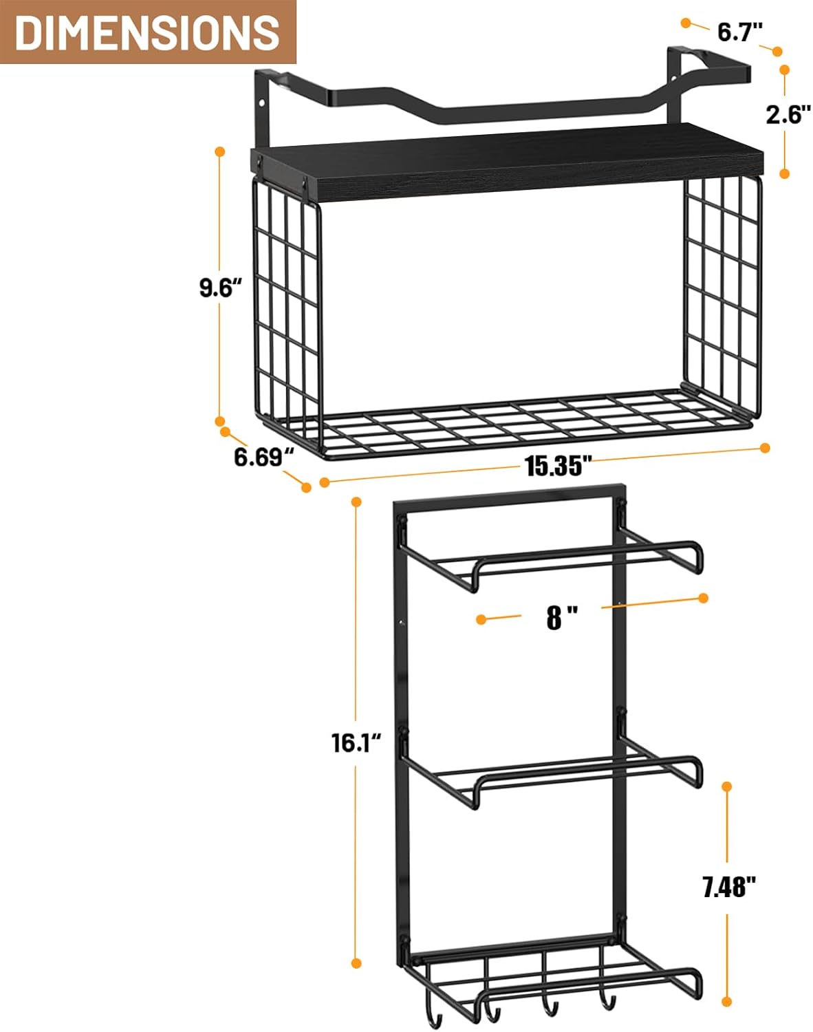 Yoga Mat Holder Black, Wall Mount Yoga Mat Storage Rack, Yoga Accessory Organizer With Wood Floating Shelves, 4 Hooks Hanging Yoga Strap & Resistance Bands, Home Gym Equipment Storage Decor