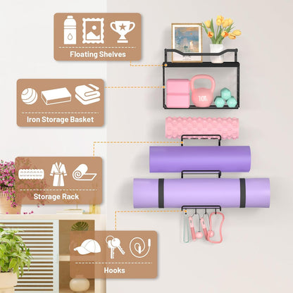Yoga Mat Holder Black, Wall Mount Yoga Mat Storage Rack, Yoga Accessory Organizer With Wood Floating Shelves, 4 Hooks Hanging Yoga Strap & Resistance Bands, Home Gym Equipment Storage Decor