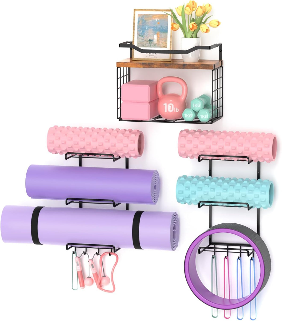 Yoga Mat Holder Black, Wall Mount Yoga Mat Storage Rack, Yoga Accessory Organizer With Wood Floating Shelves, 4 Hooks Hanging Yoga Strap & Resistance Bands, Home Gym Equipment Storage Decor