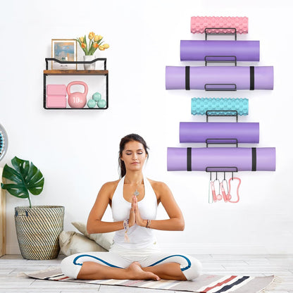 Yoga Mat Holder Black, Wall Mount Yoga Mat Storage Rack, Yoga Accessory Organizer With Wood Floating Shelves, 4 Hooks Hanging Yoga Strap & Resistance Bands, Home Gym Equipment Storage Decor