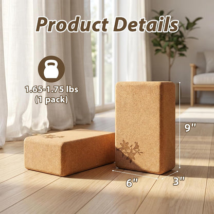 Cork Yoga Blocks 2 Pack Set, Natural High Density Non Slip Cork Yoga Bricks