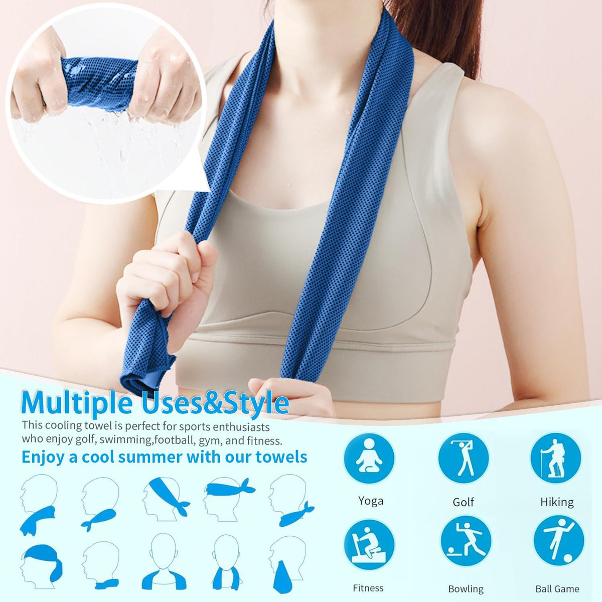 5 Pack Cooling Towels, 40 Inches x 12 Inches, Breathable Soft Chilly Microfiber Towel for Yoga, Sport, Running, Workout, Gym, Camping and Fitness, Multicolor