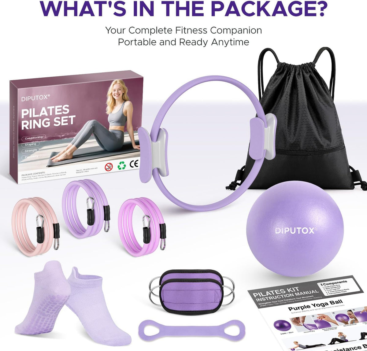 Pilates Ring Kit for Women, Pilates Equipment Accessories, Home Workout Set with Magic Circle, Mini Exercise Ball, Ankle Resistance Bands & Yoga Socks, for Fitness, Toning & Better Me Gifts