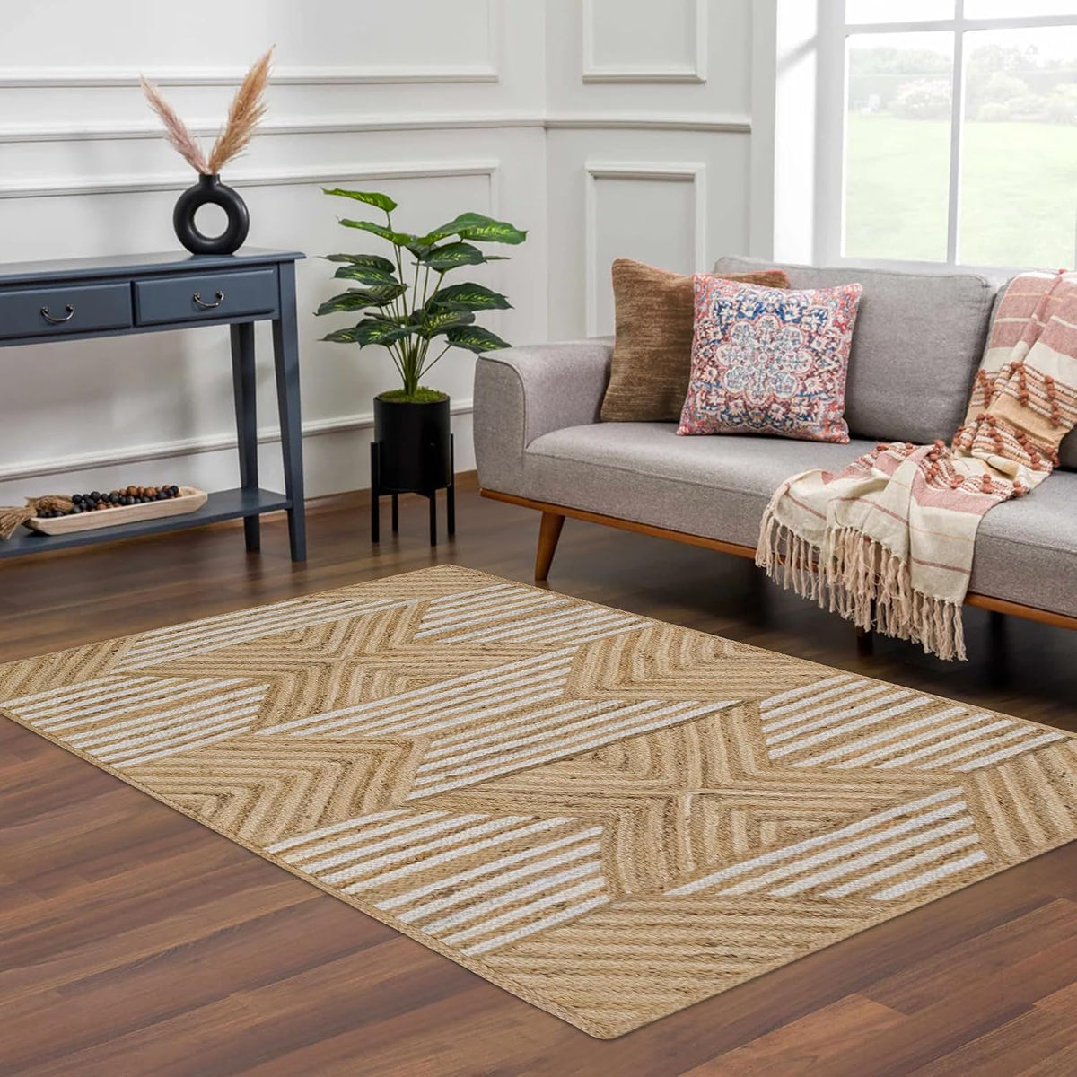 Kilim Area Rug 2x3 Flatweave Hand Braided Jute Offwhite Beige Design Handmade Boho Thick 0.27" Geometric Pattern Carpet Sisal Jute Rug Indoor Outdoor Use Rugs for Bedside, Kitchen, Yoga Mat - Colors A