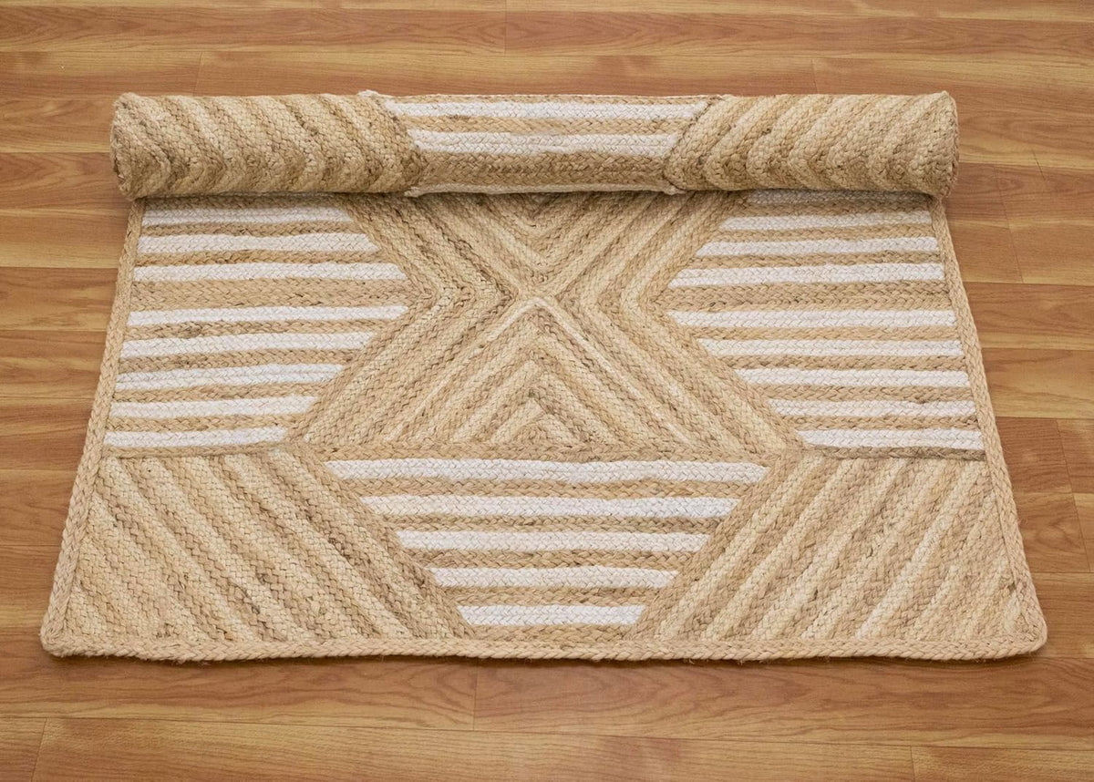 Kilim Area Rug 2x3 Flatweave Hand Braided Jute Offwhite Beige Design Handmade Boho Thick 0.27" Geometric Pattern Carpet Sisal Jute Rug Indoor Outdoor Use Rugs for Bedside, Kitchen, Yoga Mat - Colors A