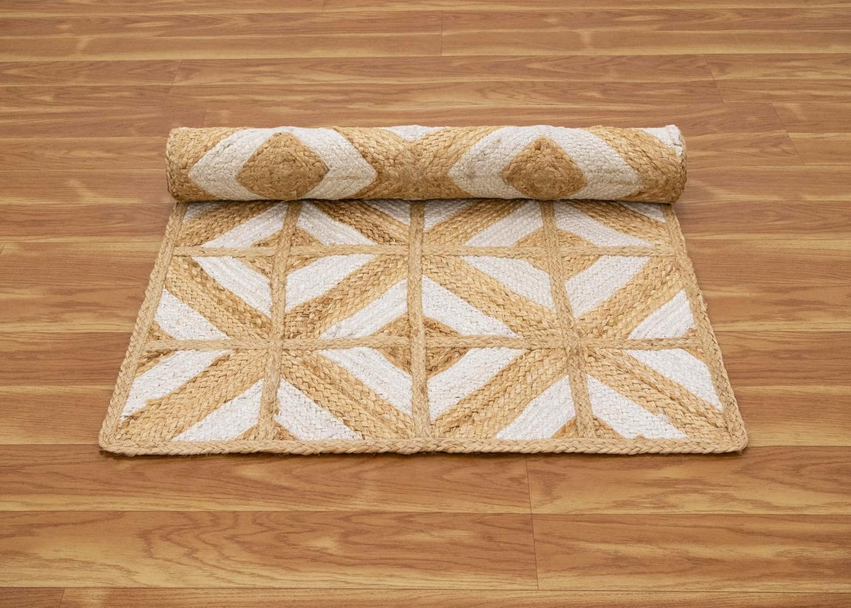 Kilim Area Rug 2x3 Flatweave Hand Braided Jute Offwhite Beige Design Handmade Boho Thick 0.27" Geometric Pattern Carpet Sisal Jute Rug Indoor Outdoor Use Rugs for Bedside, Kitchen, Yoga Mat - Colors A