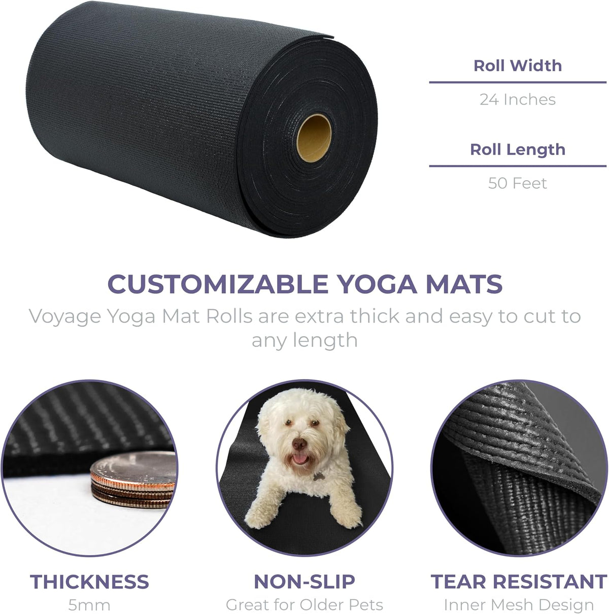 Voyage 5mm Thick Yoga Mat Roll, 50ft x 24in