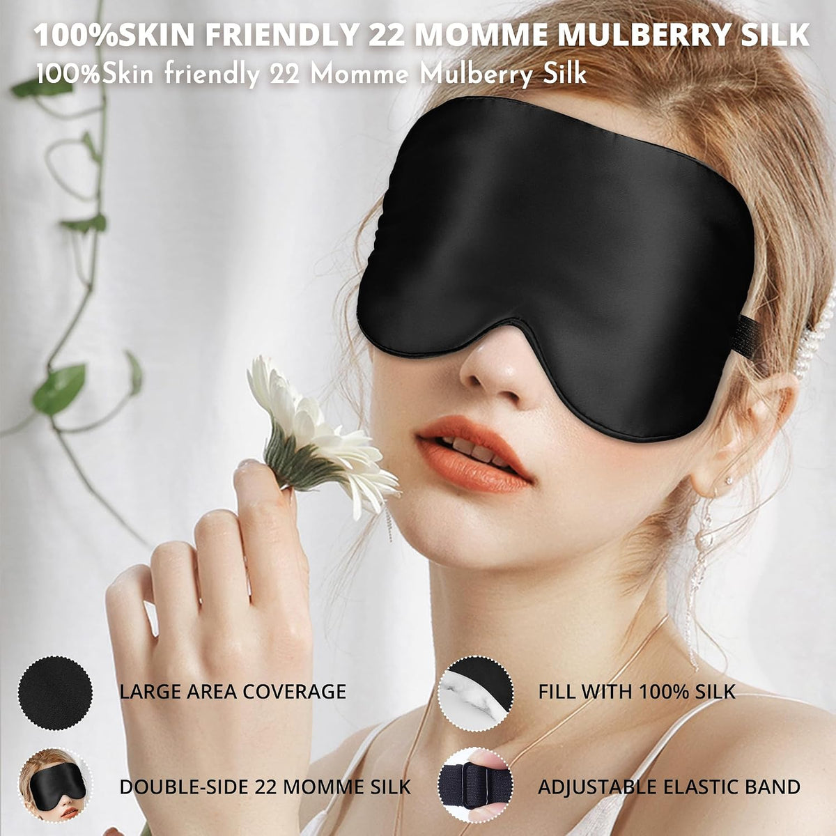 Silk Sleep Mask, Blackout Eye Mask for Sleeping with Adjustable Strap