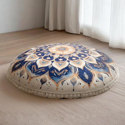 Meditation Cushion 32 Inch Round, Large Floor Pillow Seating for Adults, Bohemian Mandala Yoga Cushion, Extra Thick Memory Foam Removable Washable Cover, Ideal Gift & Holiday Decor, Blue