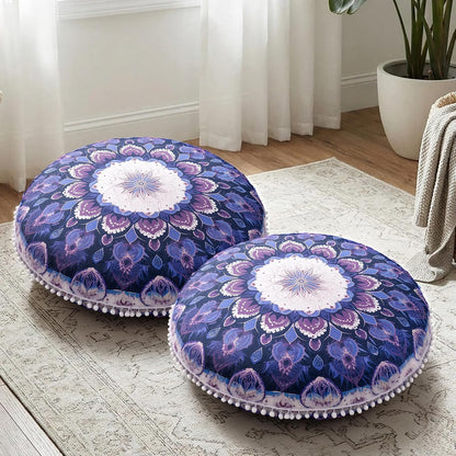 Meditation Cushion 32 Inch Round, Large Floor Pillow Seating for Adults, Bohemian Mandala Yoga Cushion, Extra Thick Memory Foam Removable Washable Cover, Ideal Gift & Holiday Decor, Blue