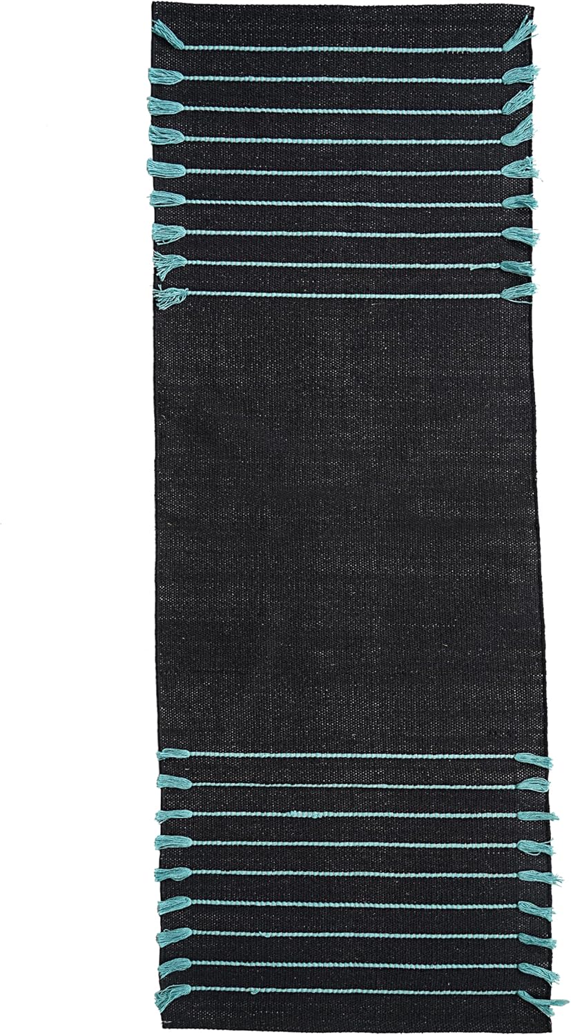 Indian Handmade 100% Organic Cotton Yoga Mat, Hand Woven Rug, Thick Yoga Mat For Everyday Fitness at Home Comfortable Foldable Long Mat 72 x 24 Inches, Balck & Turquoise
