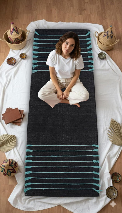 Indian Handmade 100% Organic Cotton Yoga Mat, Hand Woven Rug, Thick Yoga Mat For Everyday Fitness at Home Comfortable Foldable Long Mat 72 x 24 Inches, Balck & Turquoise