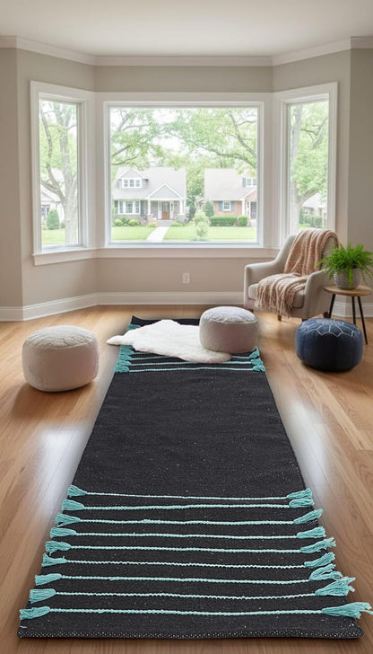 Indian Handmade 100% Organic Cotton Yoga Mat, Hand Woven Rug, Thick Yoga Mat For Everyday Fitness at Home Comfortable Foldable Long Mat 72 x 24 Inches, Balck & Turquoise